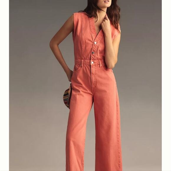 Etica Anthropologie Camden Denim Jumpsuit Coral Wide Leg Utility Small NWT - Picture 7 of 16